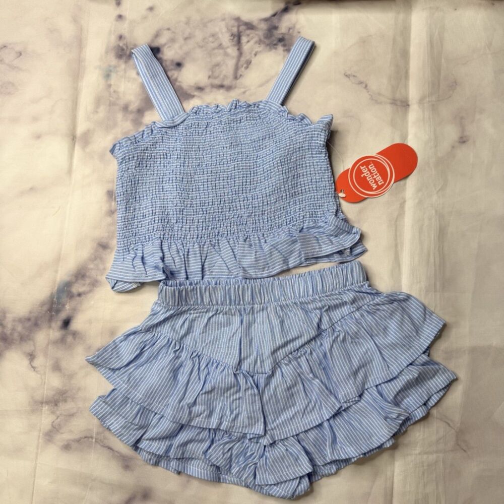 Wonder Nation Blue White Striped Ribbed Ruffle Girls Set 12M